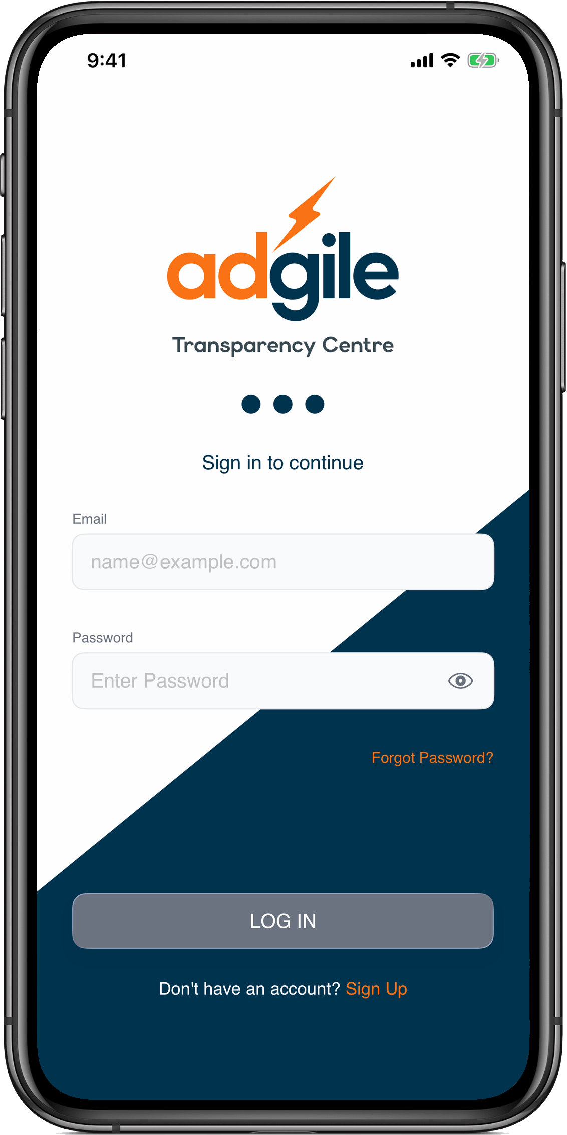 Adgile Transparency Centre app shown on a mobile phone